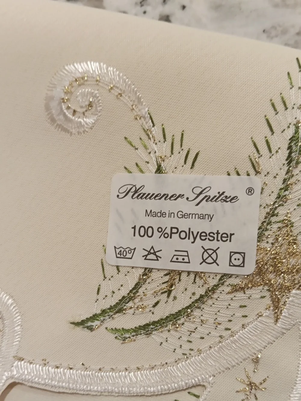 Cream Pine Branch Embroidered Round Table Accent